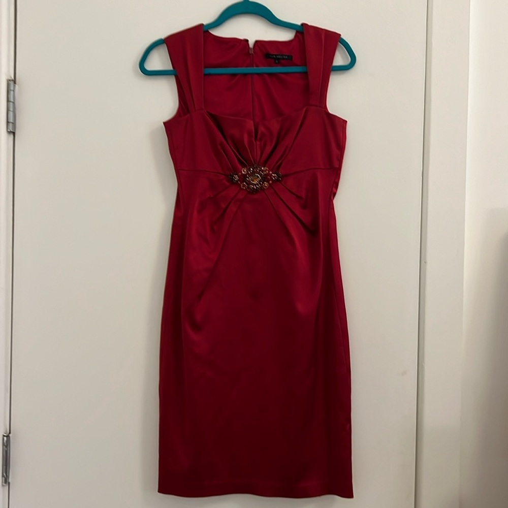 David Meister elegant red dress wedding guest ball party